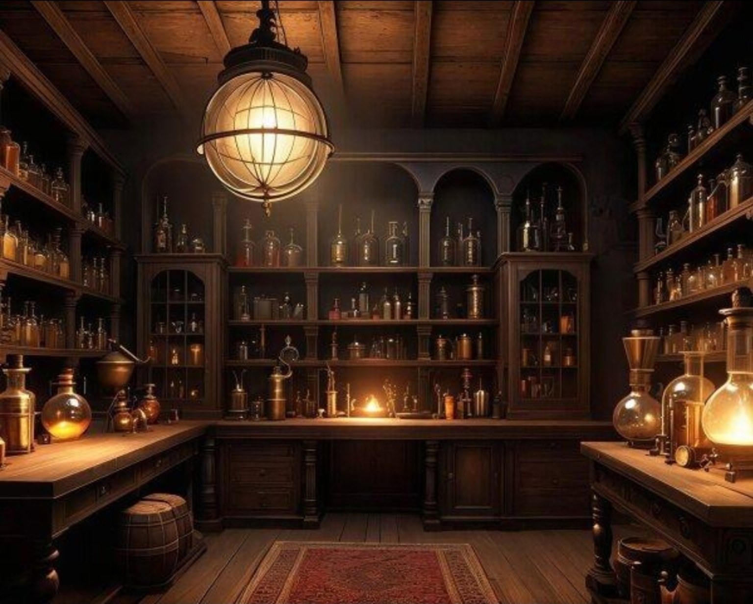 An old-world laboratory with wooden shelves and glass vessels